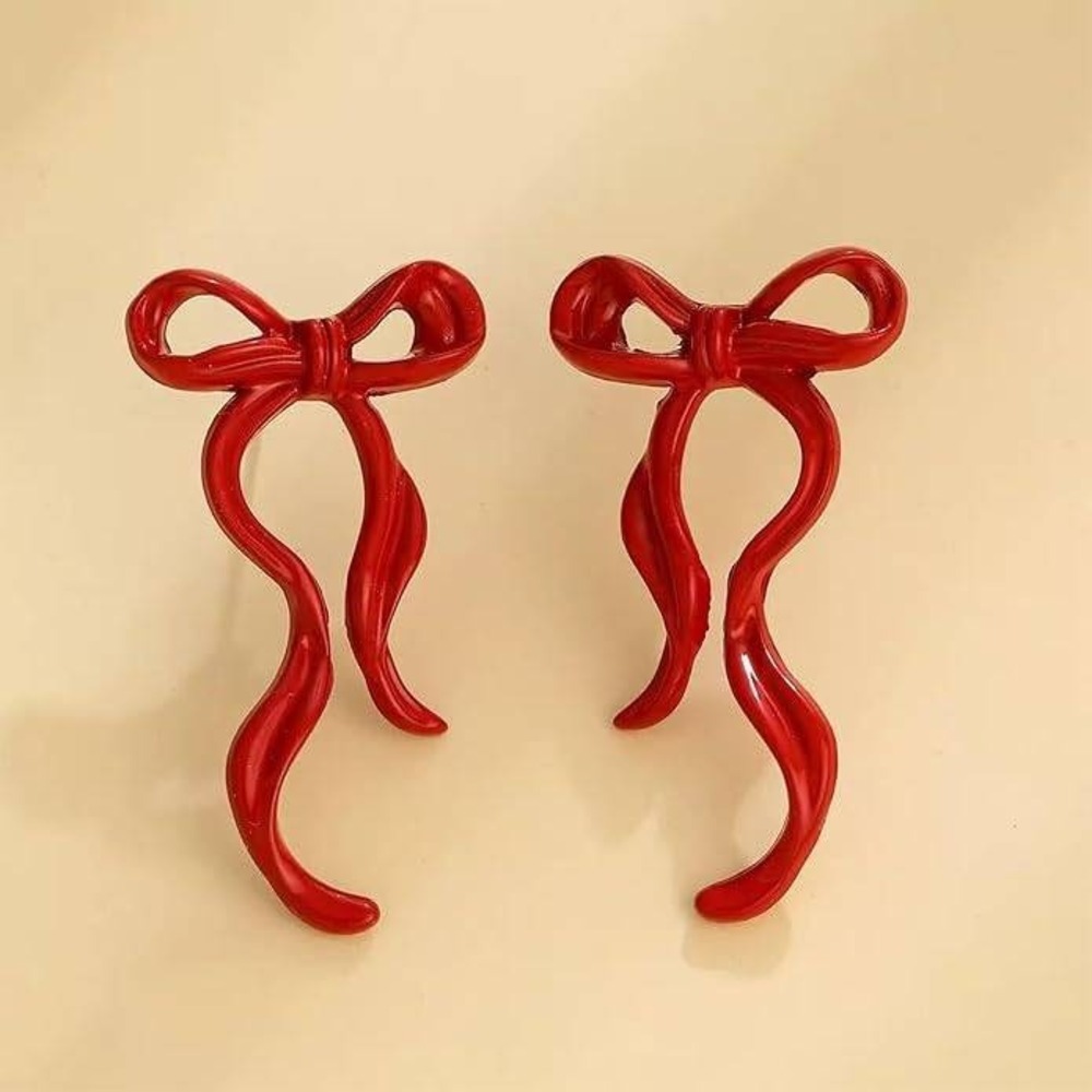 Red Ribbon Bow Stud Earrings Women Christmas Holiday Coquette Jewelry Gift - Picture 3 of 4